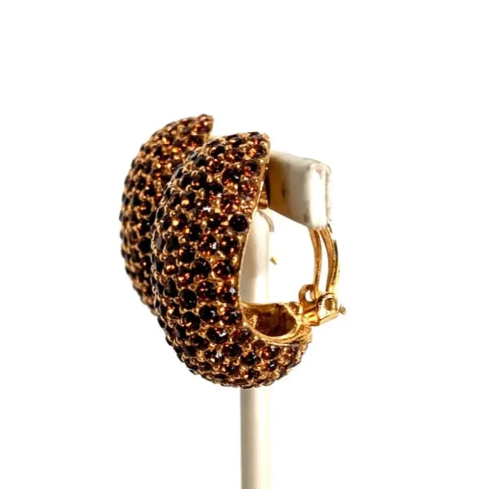 Ciner Vintage Dome Pave Rhinestone Crystal Chocolate Brown Clip Earrings Large - Picture 3 of 10